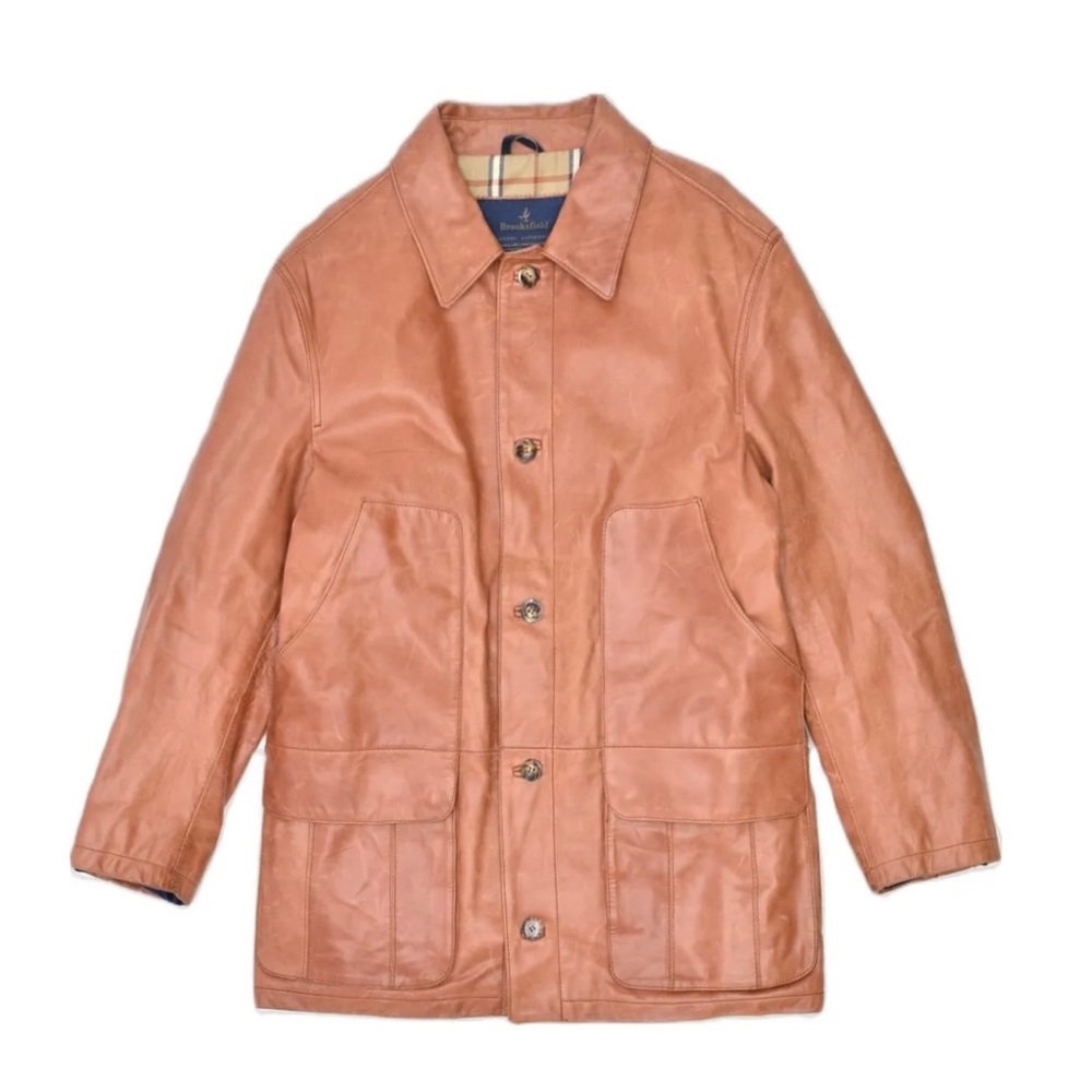 SALE ! Vintage Brooksfield Warm Camel Color Leather Car / Field Coat *EVC